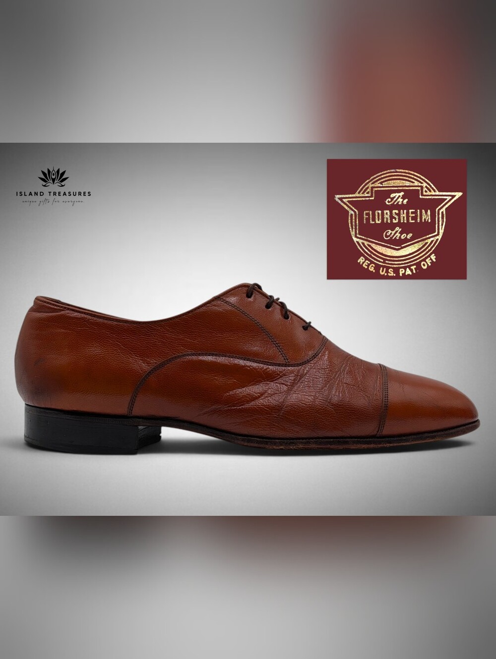 Florsheim Cap-Toe Oxford Size 8.5 Men Cognac Brown Leather Lace-Up Vintage USA